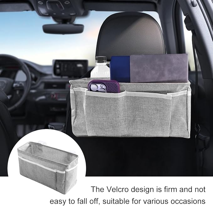 Car Seat Back Organizer, Linen Hanging Self-Adhesive Vehicle Backseat Storage Bag with Multiple Pockets, Auto Caddy for Book Water Bottle Holder, Universal for SUV, Truck, Van (Light Gray)