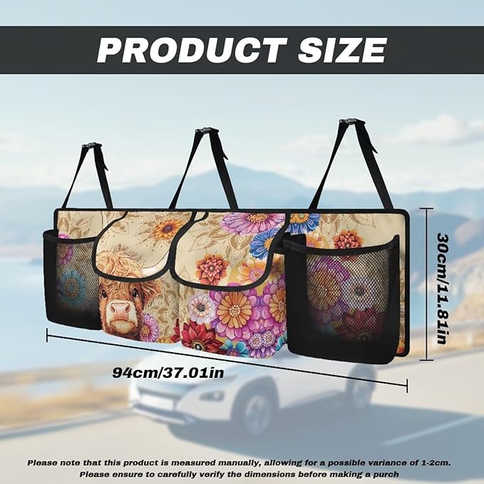 Cute Highland Cow Backseat Trunk Organizer for Car Boho Mandala Flowers Auto Hanging Seat Back Storage Bag Car Back Seat Organizer