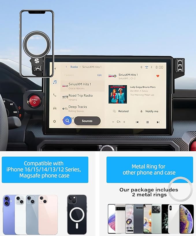 Car Phone Holder for Toyota Tacoma 2024 2025 / Toyota 4Runner 2025 Accessories Apply to 14 Inch Touch Screen Fixed Clip Magnetic Cell Phone Mount Hands-Free 360 Degree Rotation