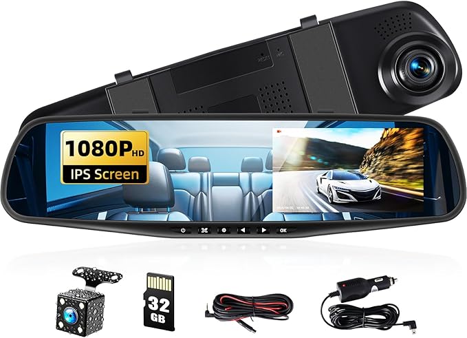 Mirror Dash Cam 4.5 Inch Rear View Mirror Camera 1080P Front and 480P Rear View Dual Cameras with 32G Card, Motion Detection, Night Vision, Parking Assistance, Loop Recording，Exposure Adjustment