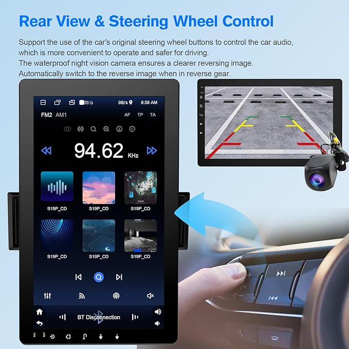 10.1" Rotatable Touch Screen Car Stereo Single Din - Android 13, Wireless CarPlay/Android Auto, 4-Core CPU, 2GB+32GB, GPS Navigation, Hi-Fi Sound, Bluetooth 4.2, AHD Backup Camera (Vertical Fit)