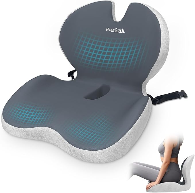 Memory Foam Seat Cushion with Lumbar Support for Back Pain & Sciatica Relief, Office Chair & Car Seat Cushion with Adjustable Strap
