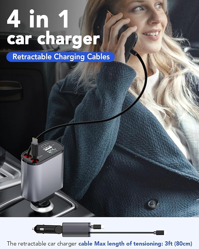 Retractable Car Charger Adapter for iPhone 17,4 in 1 Fast Charging Car Phone Charger,69W USB C Car Truck Accessories,Road Trip Essentials Gift for Men Women for iPhone 17/16/15/14/13/12,Galaxy S25