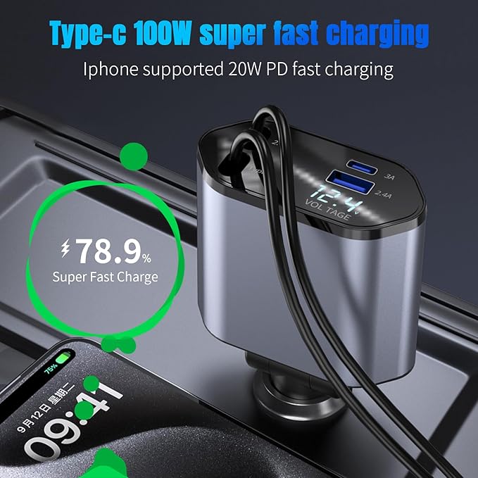 Crazytree Retractable Car Charger, 4 in 1 Fast Car Phone Charger 100W with Cord 2.6ft, Retractable Cable and 2 USB Ports Car Charger Adapter for iPhone 15 14 13 12 Pro Max, Galaxy S23