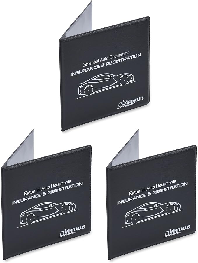 Andalus Auto Registration & Insurance Card Holder Pack of 3, Waterproof Essential Car Registration Holder with Hook & Loop Closure, Perfect for Every Vehicles Glove Boxes (Black - 5.1" X 4.6")