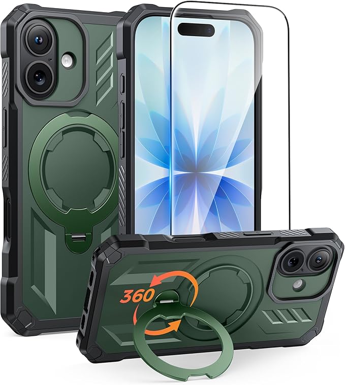 FNTCASE for iPhone 17 Phone Case: [360 Spin Magnetic Ring Kickstand] [Compatible for MagSafe] [Screen Protector] Heavy Duty Military Grade Protection Protective Phone Case with Stand Green
