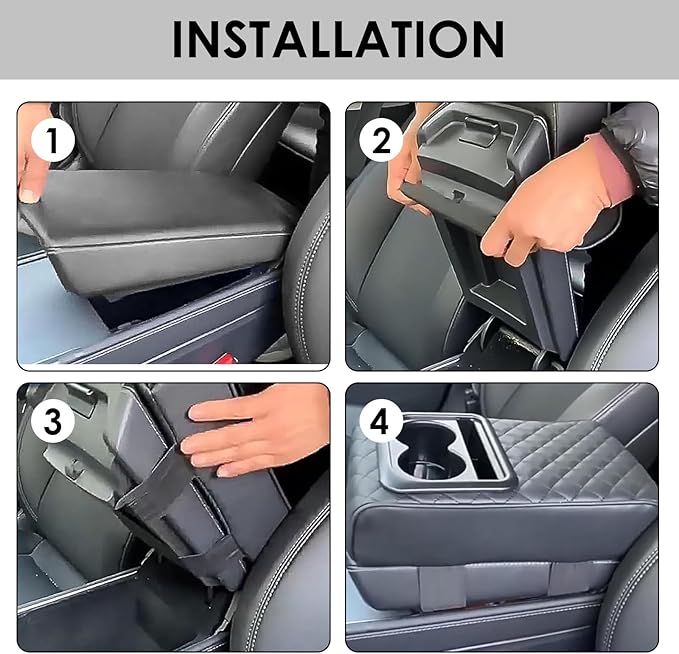Car Center Console Cover, Leather Car Armrest Cover with Cup Holder, Phone Slot, Waterproof Arm Rest Protector Cushion Automotive Accessories (Black)
