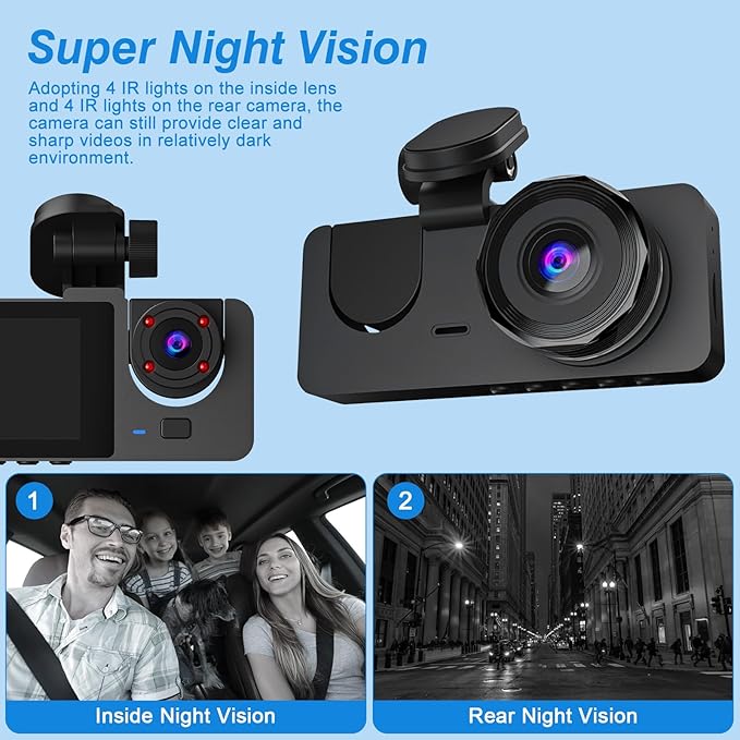 3 Channel Dash Cam Front and Rear Inside,1080P FHD Car Camera with 32G MMC Card, Night Vision, G-Sensor, Motion Detection, Parking Monitor, Loop Recording for Cars, SUVs, Trucks