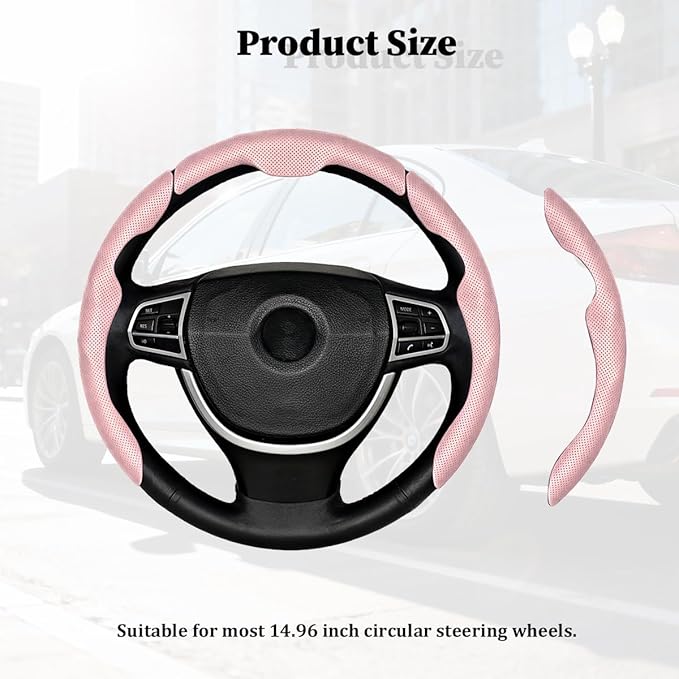 3PCS Car Steering Wheel Cover, Nappa Leather Breathable Non-Slip Segmented Steering Wheel Protector, Snap-on Auto Interior Decoration Accessories, Universal Fit (Pink)