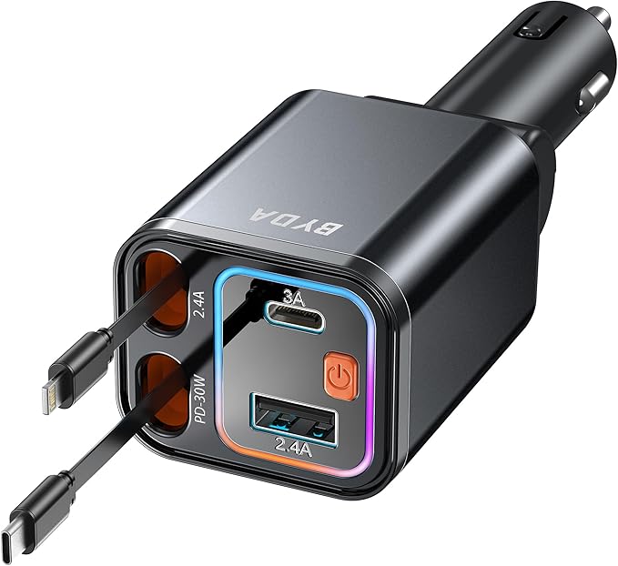 4 in 1 Retractable Car Charger,69W USB-C Fast Car Charger, for iPhone 17/16/15/14/13/12/11, Android,Pixel,Cigarette Lighter Charger (for Apple+Type C &RGB [Black])