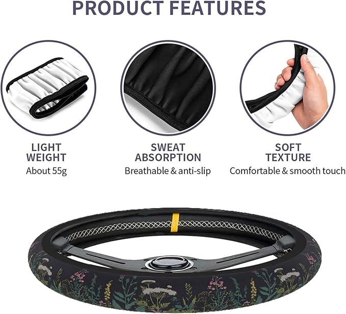 Wildflower Car Steering Wheel Cover for Women Men, Non-Slip Steering Wheel Protector, Universal 14"-15" Fit for Cars, SUVs, Trucks (Wild Flowers)