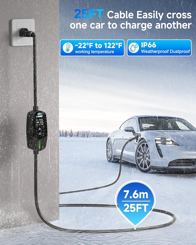 EVDANCE Level 1 & 2 EV Charger, 16A 110-240V Portable Electric Car Charger with 25ft Cable, Adjustable Current, Delayed Start, LED Screen, Universal EV Charger Compatible with All J1772 EVs