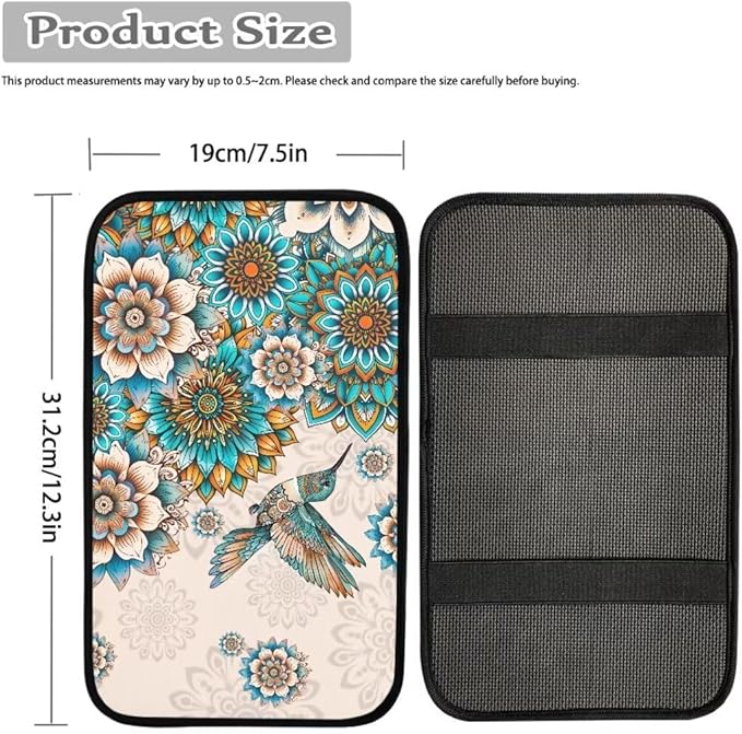 Coldinair Boho Flower Car Center Console Pad,Hummingbird Auto Interior Accessories Decoration,Auto Armrest Cover Protector for Most Vehicle, SUV, Truck, Car
