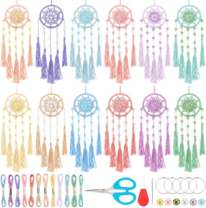 INFUNLY 12 Sets DIY Mini Dream Catcher Kit with Glass Beads Colorful Small Dream Catcher Kit with Instruction Boho Handmade Dreamcatcher Making Kit for Bag Pendant Car Mirror Charm Bedroom Decor
