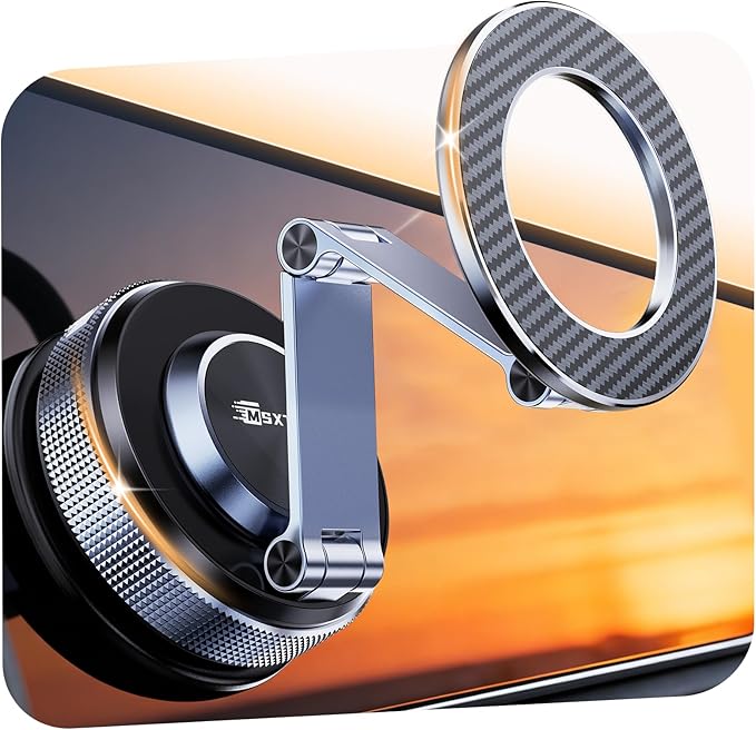 MSXTTLY Magnetic Car Phone Holder 360° Adjustable Tesla Phone Mount Foldable Car Mount 2026 Zinc-Alloy Magsafe Phone Holders for Your Car for iPhone 17 Pro Max 16 15 14 13 12 Plus, Carbon Fiber