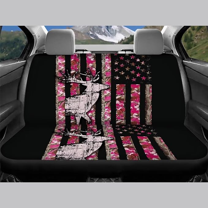 KEIAHUAN Branch Deer Camo Hunting Car Seat Covers Front Seat Cover and Split Rear Bench Seat Covers Set of 4 Stretchable Auto Interior Decoration Accessories for Sedan, Truck, SUV, Van, Pink