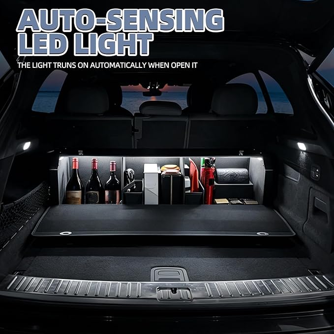 Car Trunk Organizer, Leather Trunk Organizer with LED Light Car Storage Box with Lid and Push-pull Handle Organizer Trunk Storage for SUV, Trunk, Minivan (Black, 37 x 11.4 x 12.2in)