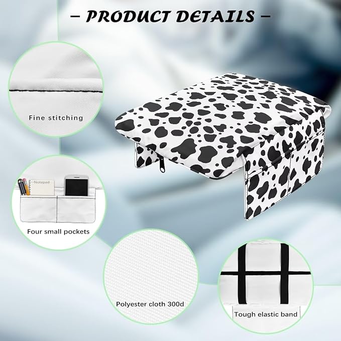 Tupalatus Black Cow Print Center Console Cover with Storage Pockets Car Center Console Replacement Easy Installation Armrest Pad for Cars Water-Resistant Fit for Most Cars, SUVs