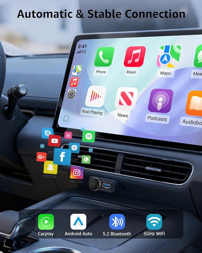 2-in-1 Wireless CarPlay & Android Auto Adapter, 50% Smaller, Converts Wired to Wireless, Zero Latency, Auto-Connection, Plug & Play Adapter for Apple iPhone iOS 10+ & Android 11+