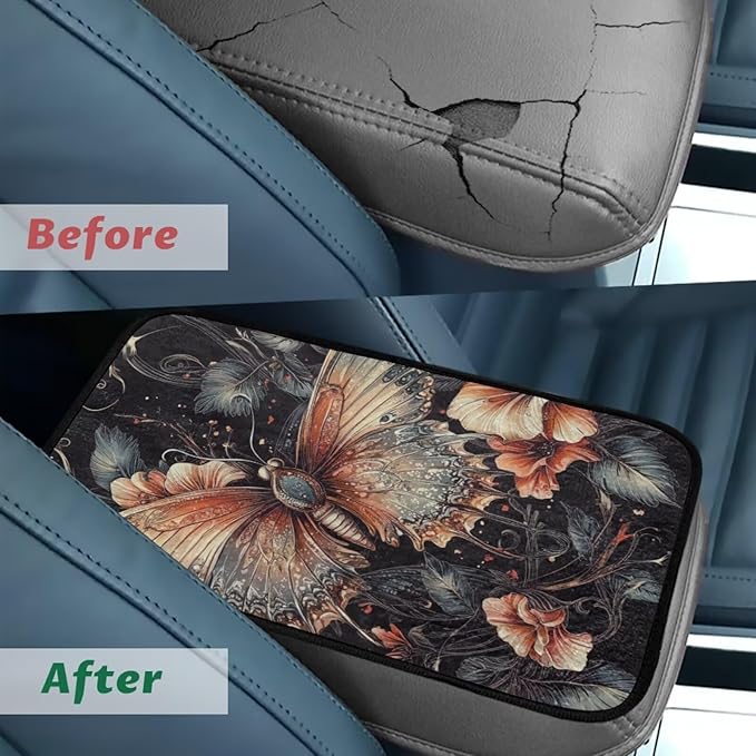 Butterfly Flower Center Console Cover Comfortable Warm Auto Center Console Pad Easy Install Armrest Cover Center Console Cushion for Car Truck Van SUV Seat Protector
