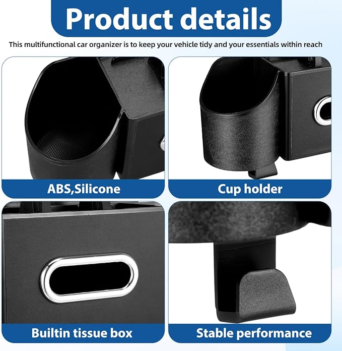 Ciieeo 4 in 1 Backseat Car Organizer with Cup Holder Tissue Box and Hooks Multifunctional Seat Back Storage Box for Road Trip Travel Accessories Universal Auto Headrest Holder