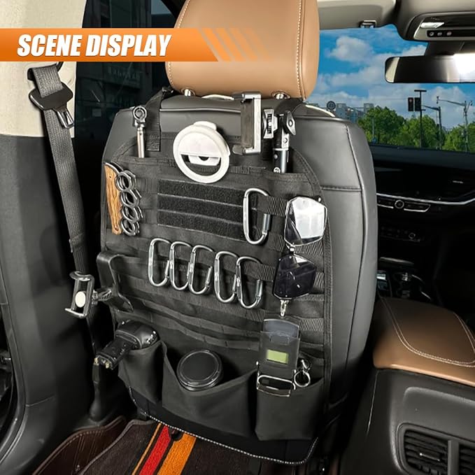 Tactical Molle Car Seat Back Organizer, Vehicle Panel Car Seat Back Cover Protector with 5 Storage Pouch, Universal Backseat Storage Organizer with USA Flag Patch for Car SUV Truck MPV (Black-1 Pc)