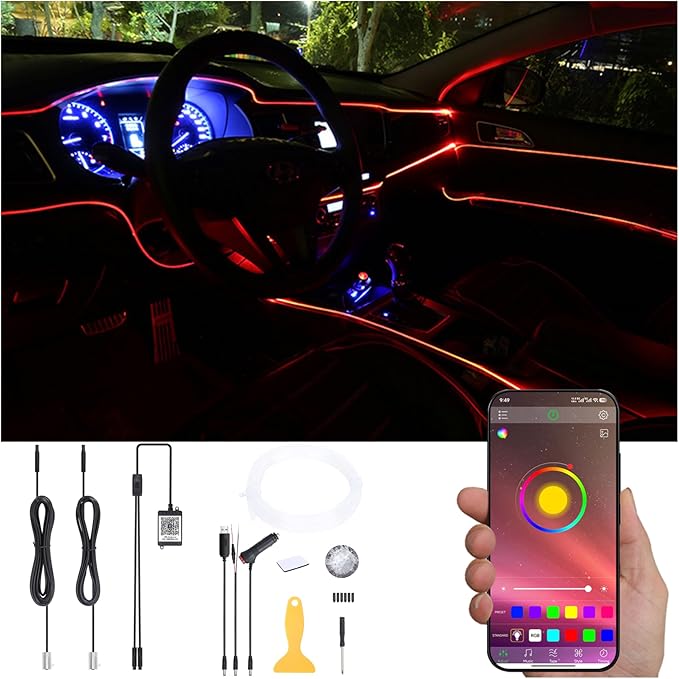 Car Ambient Lighting Kit 64 Colors Multicoloured Music Optic Fiber APP Control Car DIY Decorative Atmosphere Lighting DC 12V 1W 3m