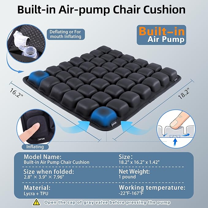 Inflatable Travel Seat Cushion, Built-in Air Pump Car Airplane Chair Cushion for Long Flight Driving Sitting, Office Chair Wheelchair, Pressure Sore Relief, for Sciatica,Coccyx & Buttock Bed Sore SC01