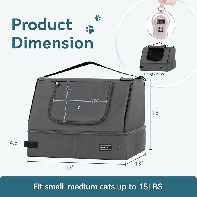 PETSFIT Portable Travel Cat Litter Box with Lid – Collapsible, Leak-Proof & Washable 2-Layer Liner, Sturdy Support Frame, for Hotel/Car/Camping, Cat Travel Essentials for Kitty/Medium Cats Grey