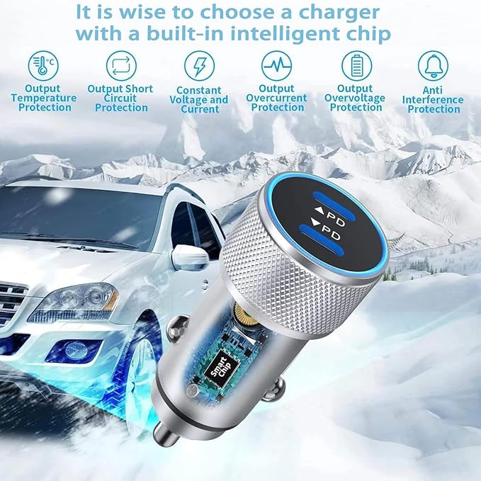 iPhone 17 16 15 Car Charger, 20W Dual Port USBC Fast Car Charger with 20W PD Type C Adapter + 2Pack 3FT USB C to C Charging Cable Fast Charging for iPhone 17/17 Pro/Air/16e/16/15 Pro Max/Airpods/iPad