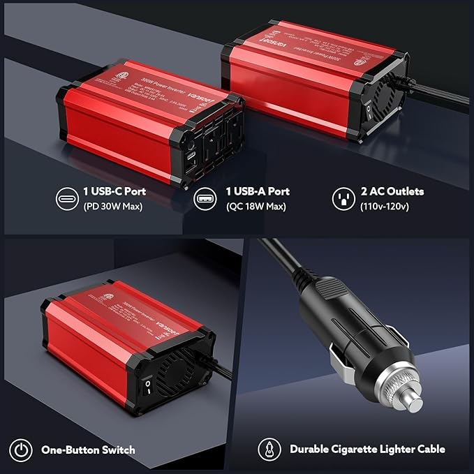 300w Power Inverter DC 12V to AC 110V - vansoet Car Plug Adapter Outlet with 3.4A Dual USB Fast Charging Port - Car Charger Cigarette Lighter Adapter for Phone, Laptop on Road Trip (Red-30)