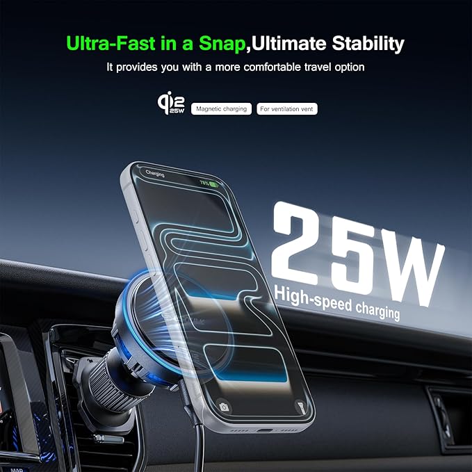 Esoulk [2026 Upgraded] Qi2 25W Fast Wireless Car Charger with Active Cooling Fan for Heat Protection, MagSafe Compatible Magnetic Air Vent Mount with Locking Clip, Phone Holder for iPhone & Android