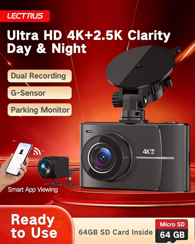 4K +2.5K Dash Cam Front and Rear, Free 64GB Card Included, 5.8GHz WiFi Dash Camera for Cars, Built-in Night Vision, G-Sensor,170°Wide Angle, App Control, 3" IPS, 24H Parking Mode, Max 256GB