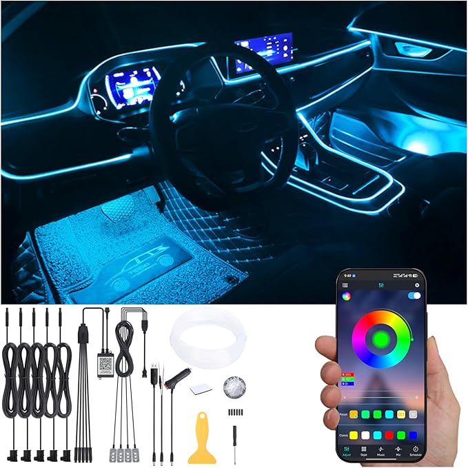 Car Atmosphere Light Kit 6m Fiber Optic RGB Multicolor Sound Active Music Sync Memory Function Bluetooth APP Control 64 Colors USB Car Interior Footwell Ambient Lighting Kit DC 12V