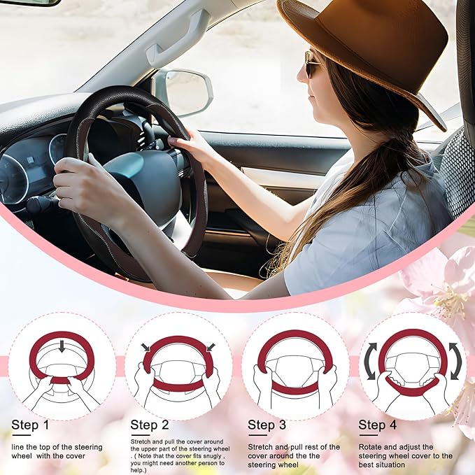 SuperKaKa Brown Car Steering Wheel Cover 2025, Universal Auto PU Cute Breathable Slip-Proof Comfort Imitation Leather Protector Cars Interior Accessories for Women Men Fit Most Vehicle