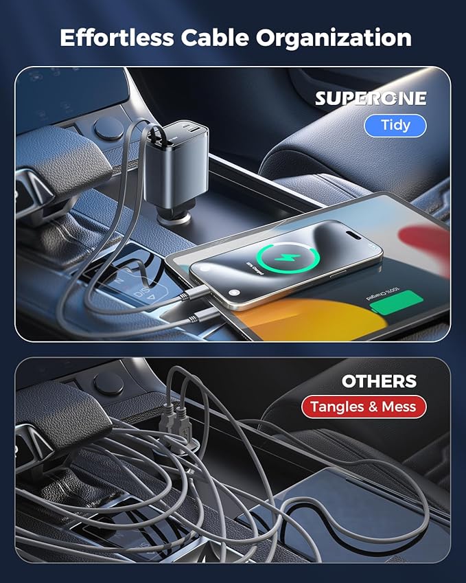 SUPERONE Retractable Car Charger with Dual Type C Cords, Ultra-Compact 69W Fast Retractable USB C Car Charger, 4 in 1 Car Accessories Car Chargers for iPhone 17 16 15 14 13 12 Galaxy Pixel