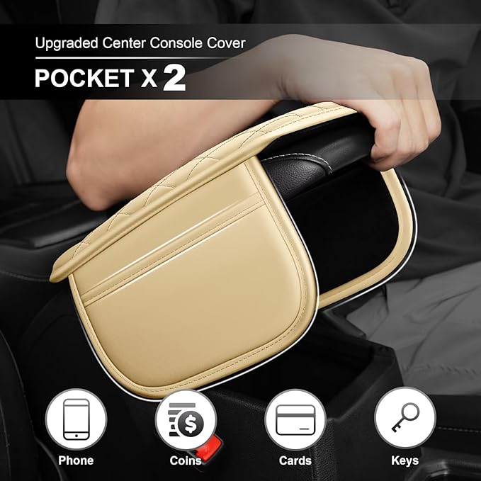 Upgraded Car Center Console Cover Fit for RAV4 Faux Leather Car Armrest Cover Cushion with 2 Storage Bags,Car Armrest Storage Box Interior Accessories(Beige&Whiteline)