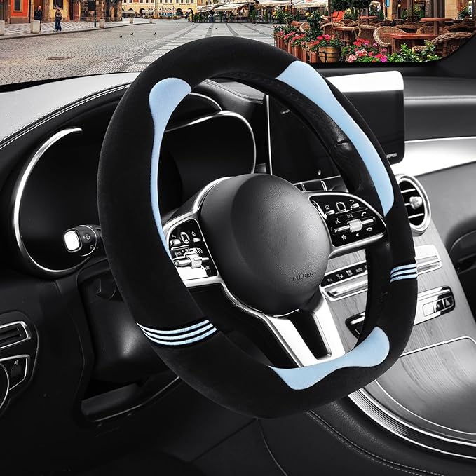 Furry Cute D Shaped Steering Wheel Cover, Soft Fluffy Short Plush Auto Accessories, Non-Slip Cold-Proof Sweat-Proof Colorfast, Universal 15 inch(Black with Blue)