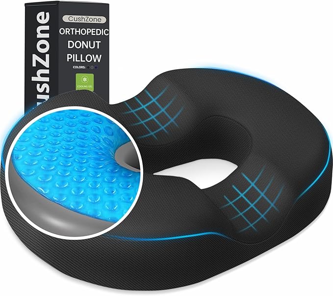 Donut Pillow Seat Cushion - Cooling Gel Outdoor Chair Cushions, Memory Foam Seat Cushion for Office & Home, Car Seat and Patio Furniture Cushions, Hemorrhoids Pillow and Tailbone Pain Relief, Black