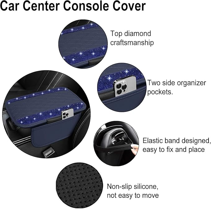 NBTEPEM Bling Blue Car Center Console Cover, Leather Car Arm Rest Cover with 2 Storage Bags, Universal Auto Armrest Protector Storage Box, Bling Accessories Interior for Most Vehicles