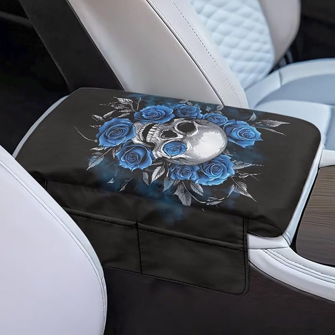 Tupalatus Skull Center Console Cover Breathable Armrest Cushion Cover Pad Water-Resistant Rose Comfort Padded Arm Rest Covers with Storage Pockets Fits Most Cars, Trucks, SUVs
