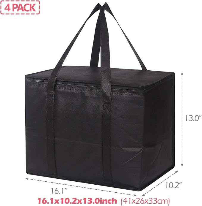 Set of 4 Large Insulated Reusable Grocery Bags with Sturdy Zipper and Handles, Foldable Washable Heavy Duty Cooler Totes for Hot or Cold Food Delivery, Groceries, Travel, Shopping