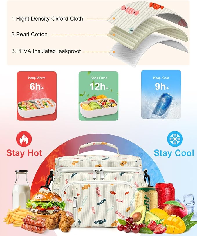 Insulated Lunch Bag for Men & Women, 9L Leakproof Lunch Box Soft Cooler Tote with 5 Pockets, 600D Oxford, EVA Lining, Adjustable Strap for Work, Picnic, Beach&Travel-Corduroy Colorful Candy