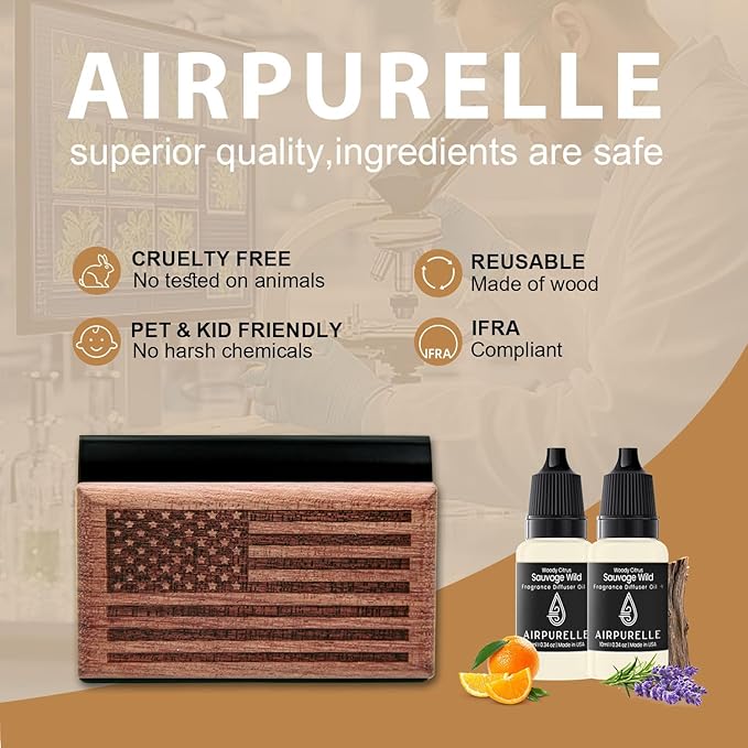 AirPurelle Car Air Freshener with Metal Clip Wood Air Freshener, 100+ Days Long Lasting Woody Citrus Scent, Includes 2x 10ML Refills, 0.68 FL OZ, Made in USA, Car Auto Accessories