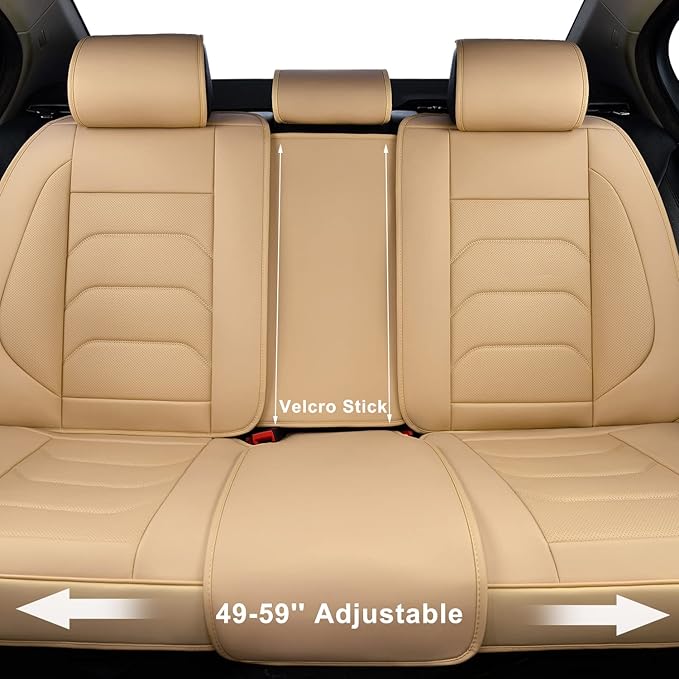 Beige Car Seat Covers Full Set, Breathable Leather Automotive Front and Rear Seat Covers & Headrest for Comfortable Driving, Compatible with Most Cars Sedans SUV Pickup Trucks