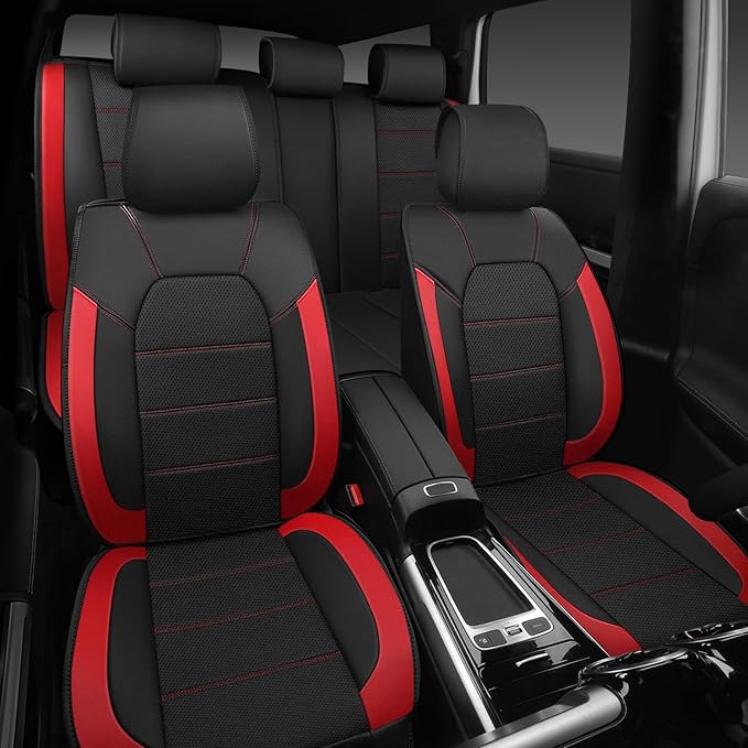 CAR PASS 5 Seats Leather Car Seat Covers, Sideless Car Seat Protectors with Storage Pocket, Water Resistance Seat Cover, Universal Fit Most Cars, SUVs, Trucks and Vans (Full Set,Black and Red)