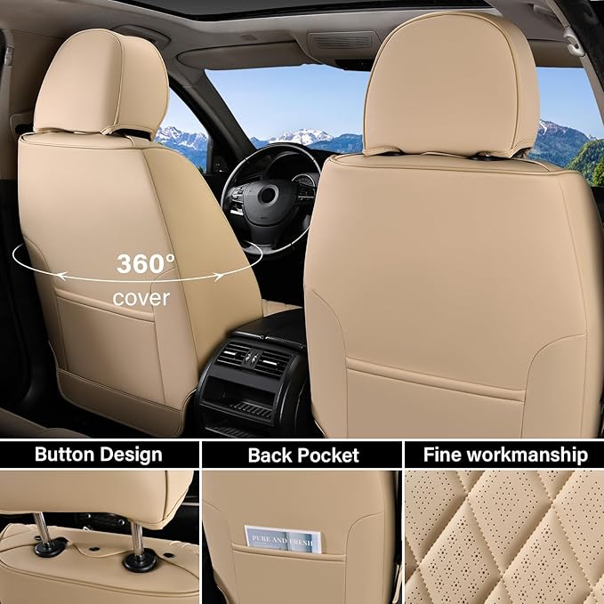 Coverado Car Seat Covers Full Set, Luxury Faux Leather Waterproof Seat Cover, 5 Seat Universal Seat Covers for Cars, Front and Back Car Seat Protector, Beige Leather Seat Cover Fit for Most Cars