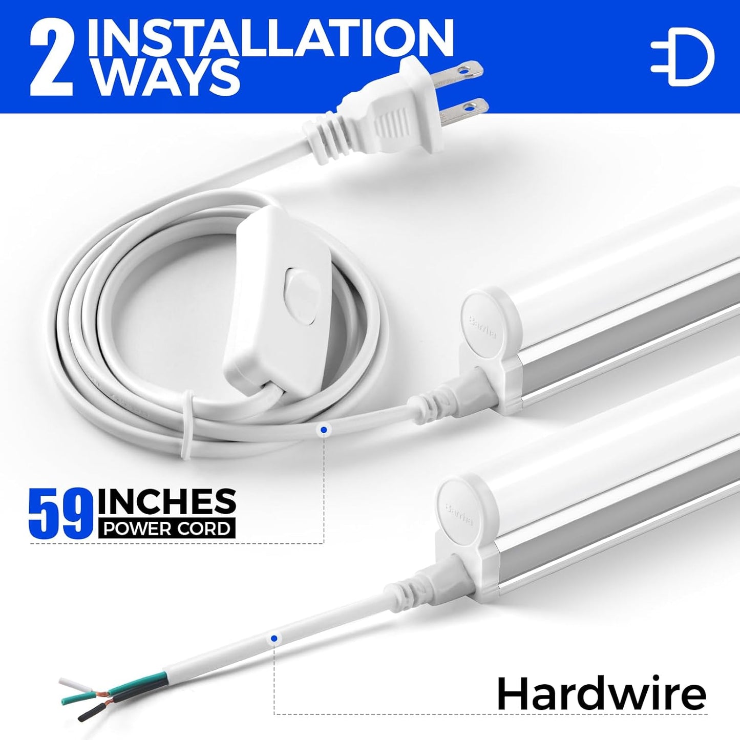 Barrina T5 LED Ceiling Light Fixtures, 2FT, 5000K (Daylight White), 1100LM, 10W, Corded Electric with Built-in ON/Off Switch, Linkable LED Shop Lights for Garage, Workshop, ETL Listed, 6 Packs