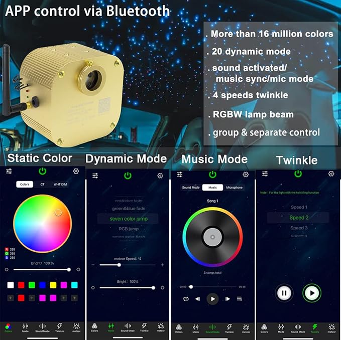 AZIMOM 16W Twinkle Fiber Optic Starlight Box Sound Activated RGBW Fiber Optic Light Source APP/Remote Control Light Engine Driver for Car Home Ceiling Star Lighting Decor