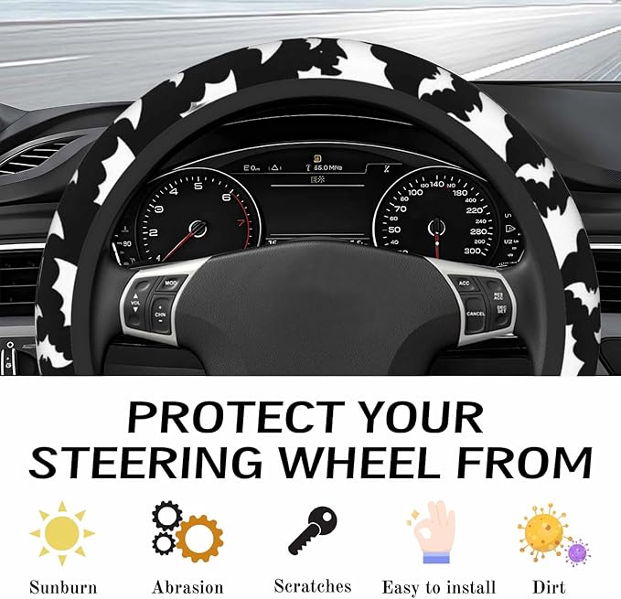 Steering Wheel Cover Accessories Neoprene Cover, Breathable Non-Slip Easy to Install Suitable for Women Men, 14.5-15.5 Inch for Car SUV Van Truck Universal - Bat